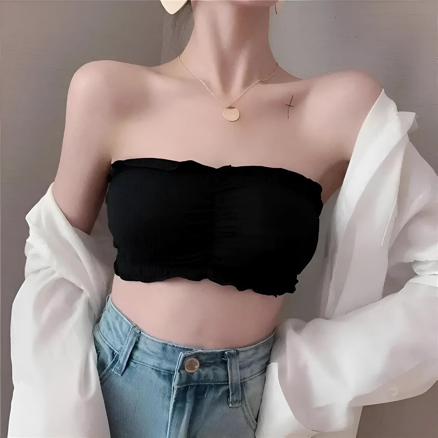 Noir Soutien-gorge sans bretelles froncé