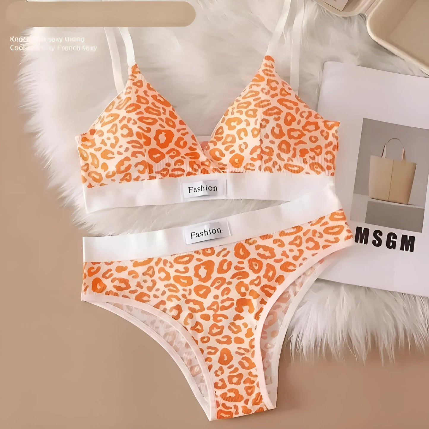 Orange Ensemble de lingerie imprimé léopard