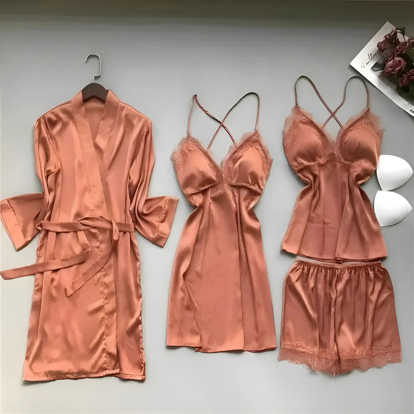 Orange Ensemble de sommeil en satin de quatre pièces