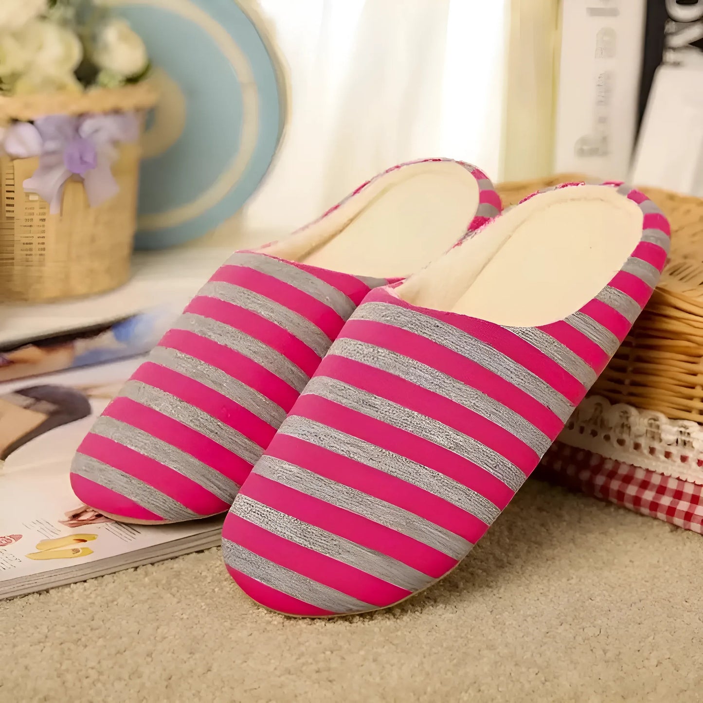 Rose Chaussons rayés pour femmes