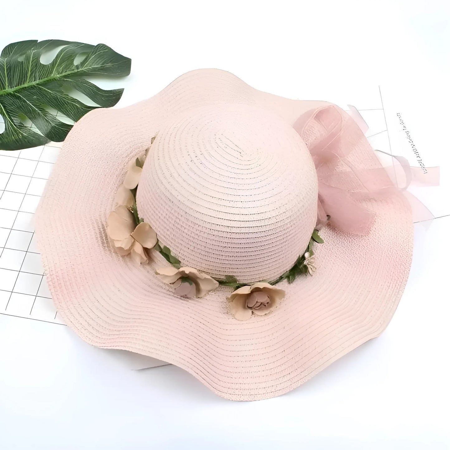 Rose clair Chapeau de plage fleuri