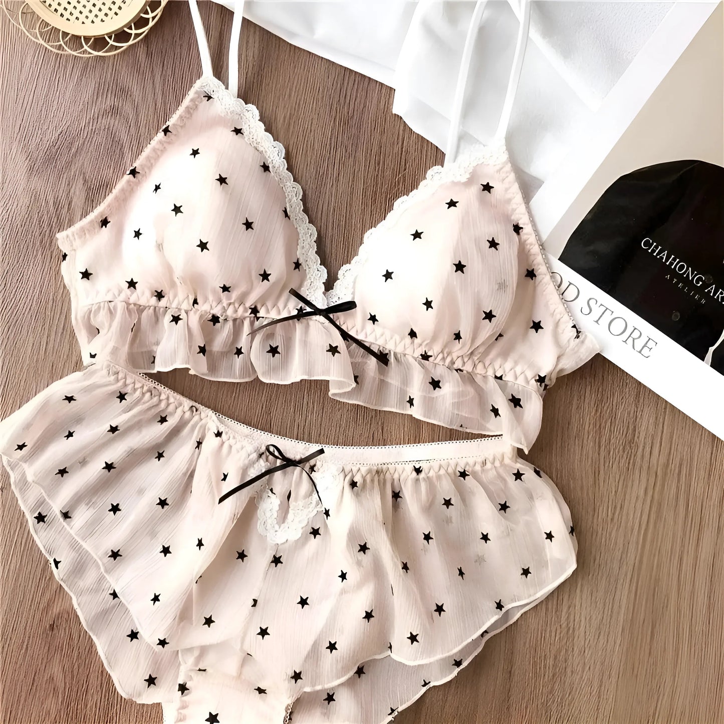 Rose Ensemble de lingerie en dentelle avec des étoiles noires