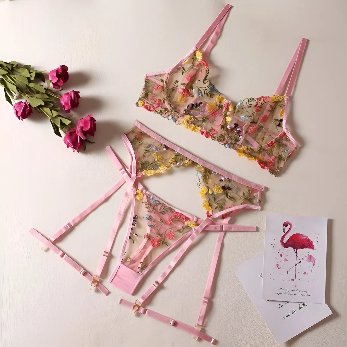 Rose Ensemble de lingerie en dentelle avec des fleurs brodées