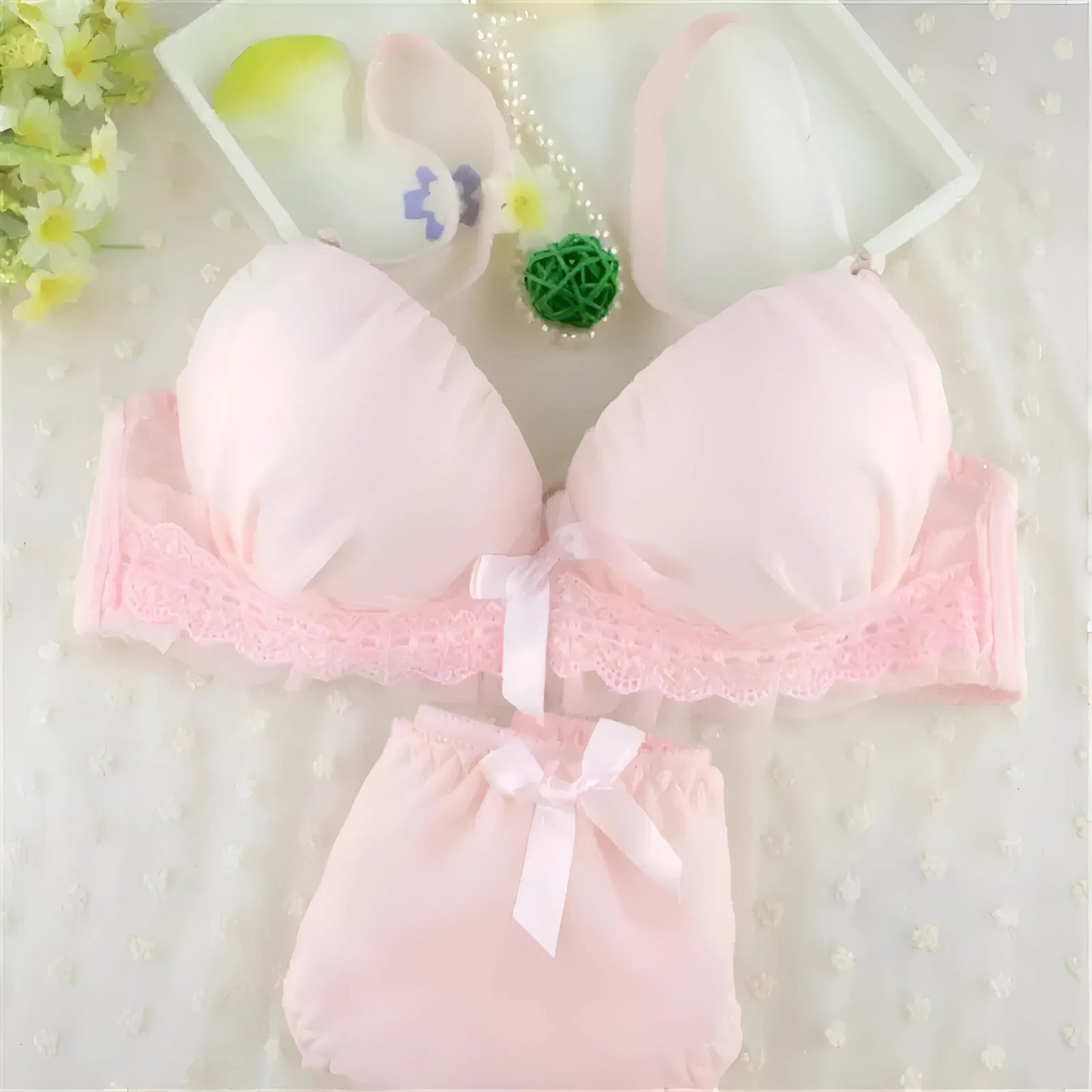 Rose Ensemble de lingerie en dentelle avec des nœuds