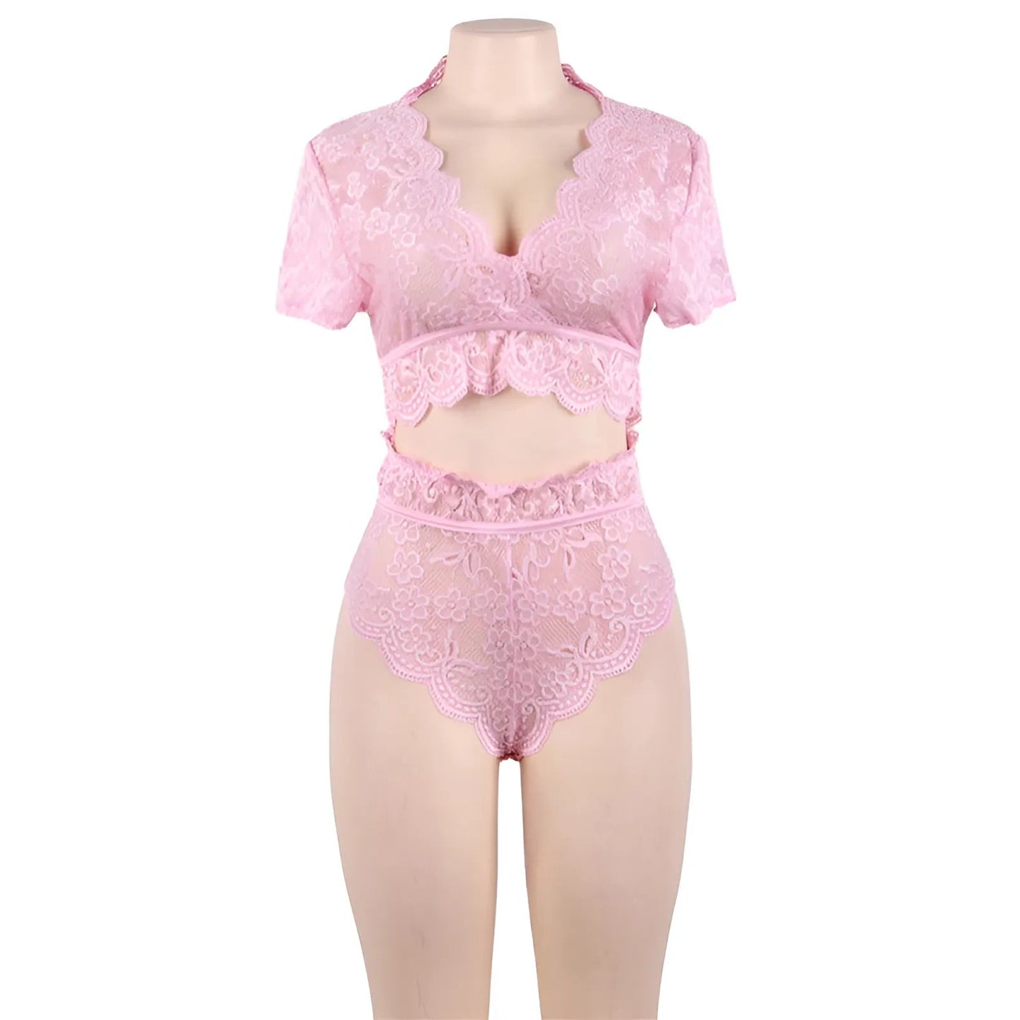 Rose Ensemble de lingerie en dentelle avec épaules couvertes en grandes tailles