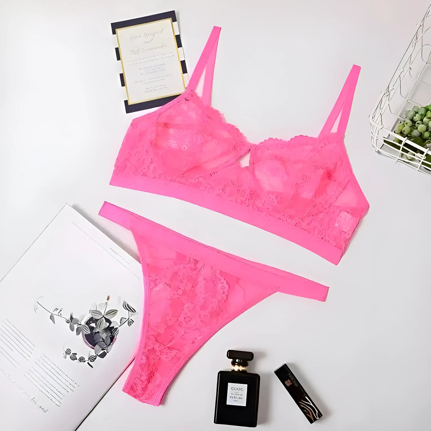 Rose Ensemble de lingerie en dentelle taille haute