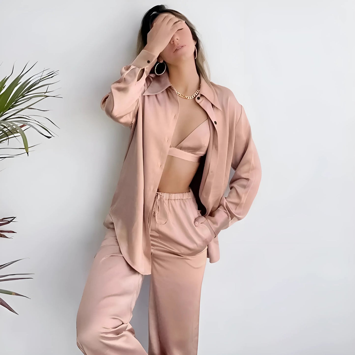 Rose Ensemble de pyjama long en satin 3 pièces