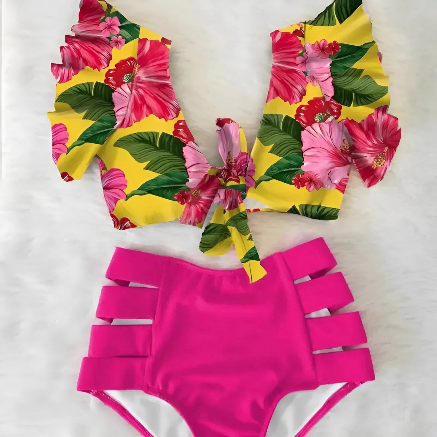 Rose foncé Maillot de bain deux pièces avec haut décoratif