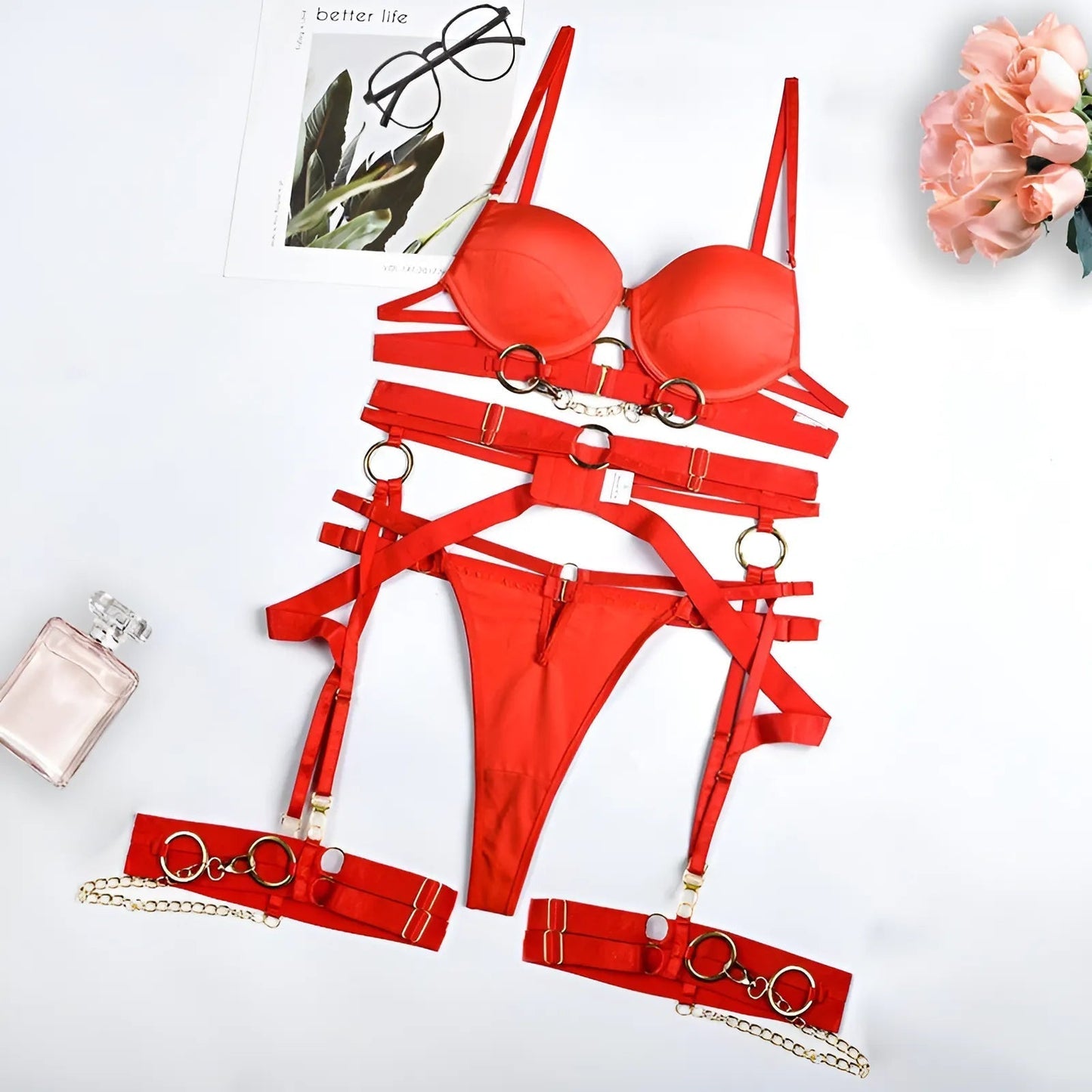 Rouge Ensemble de lingerie 3 pièces avec bretelles