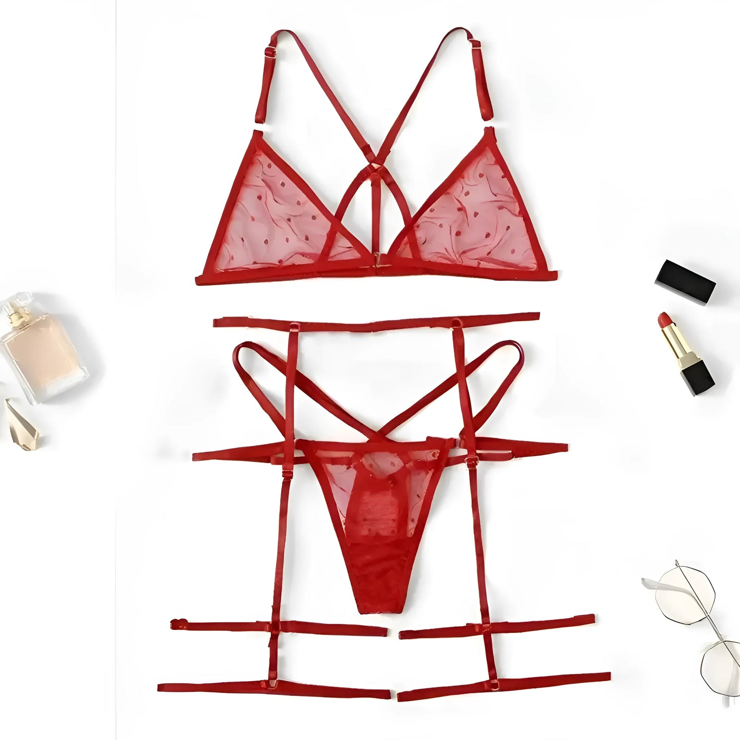 Rouge Ensemble de lingerie à pois en 3 pièces