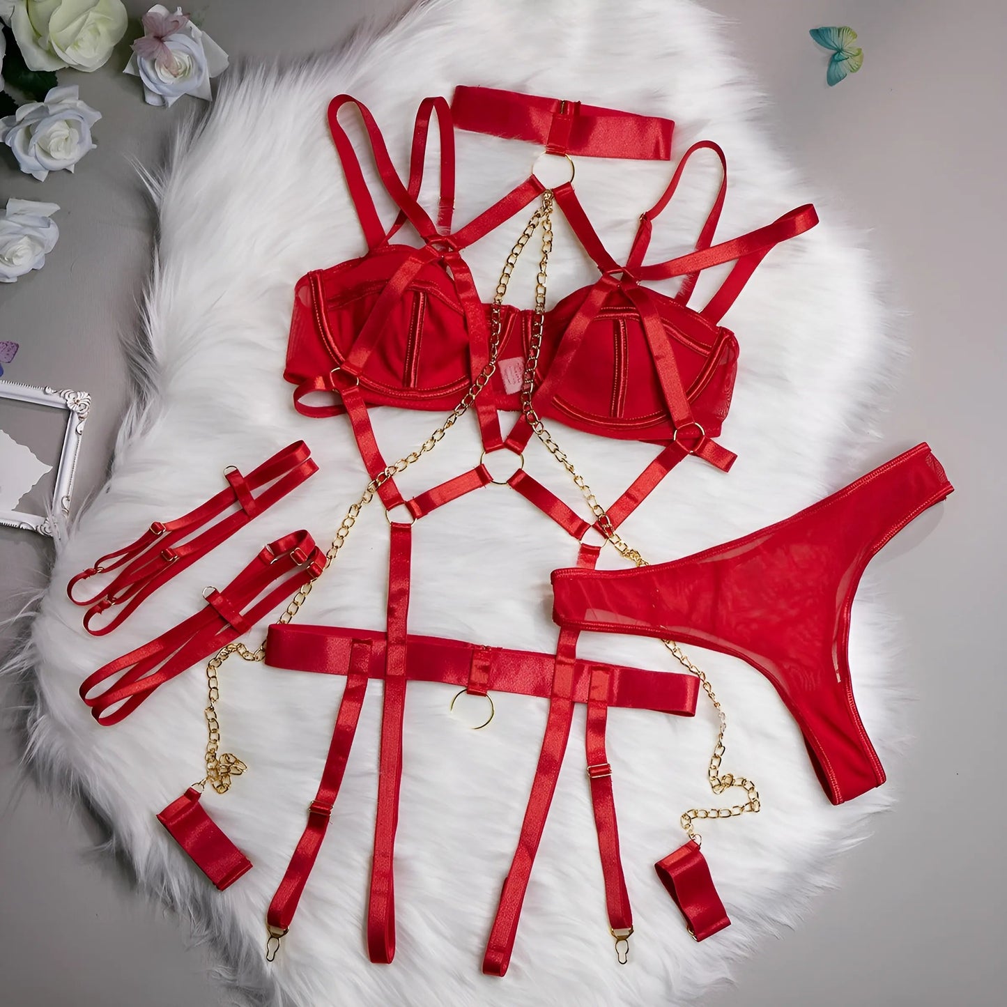 Rouge Ensemble de lingerie avec porte-jarretelles