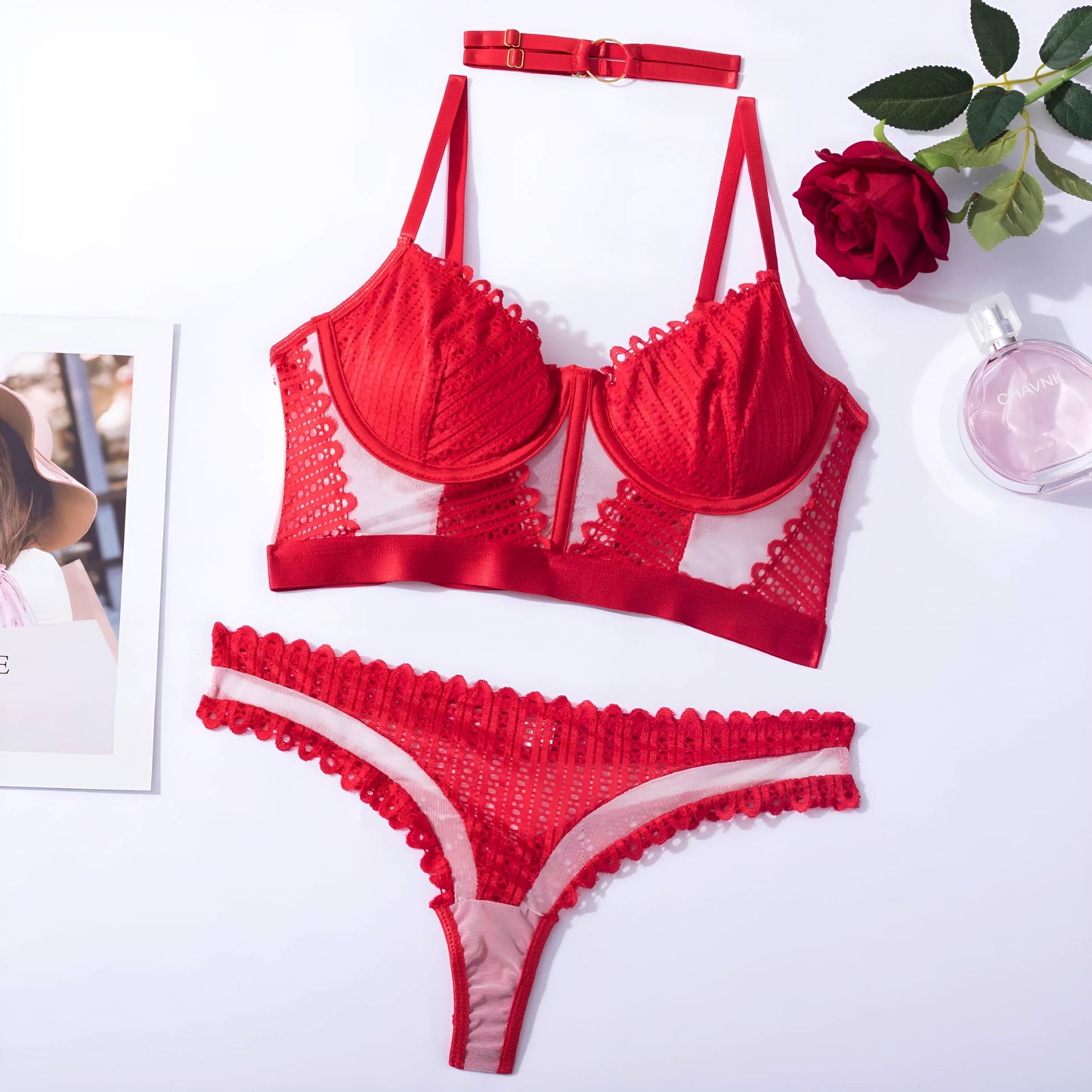 Rouge Ensemble de lingerie en dentelle avec bas taille basse