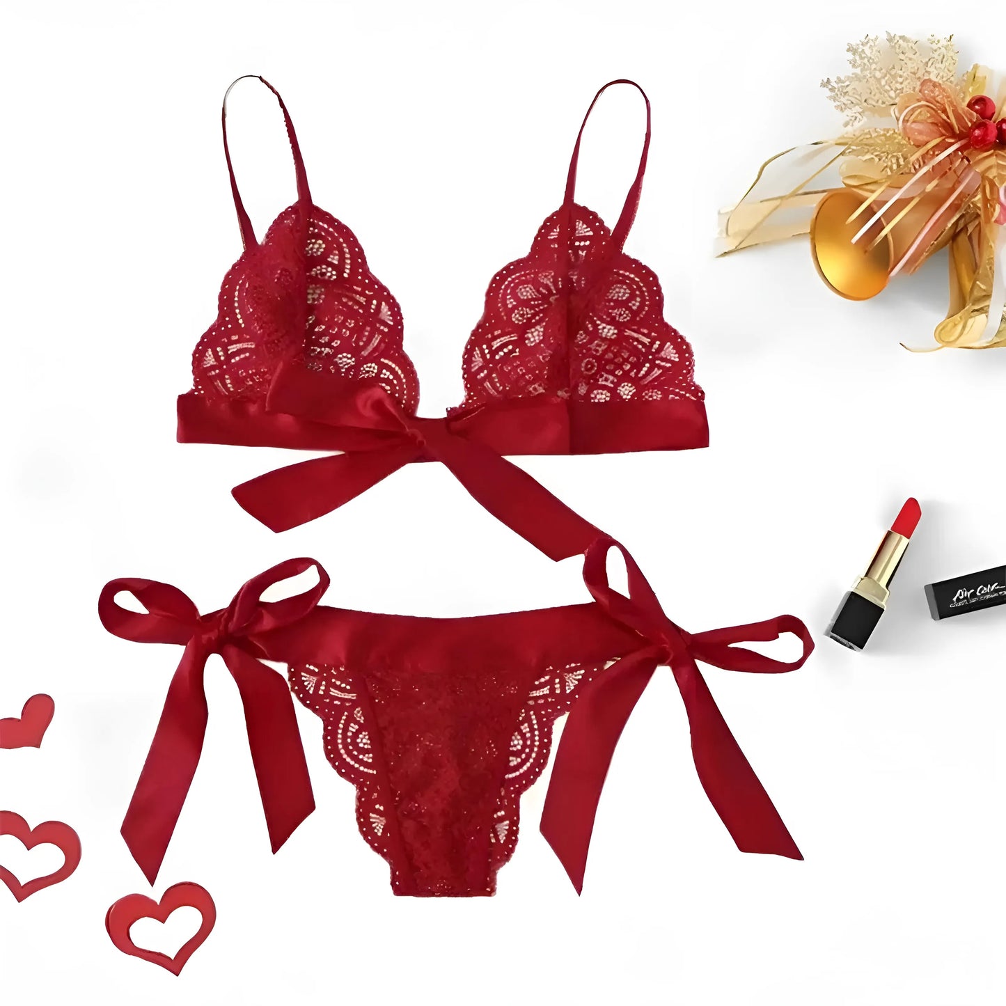 Rouge Ensemble de lingerie en dentelle avec des nœuds