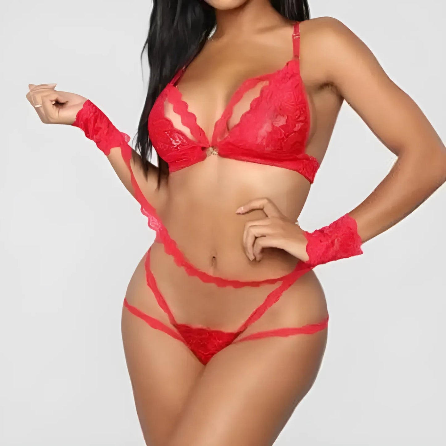 Rouge Ensemble de lingerie en dentelle avec dos décoratif