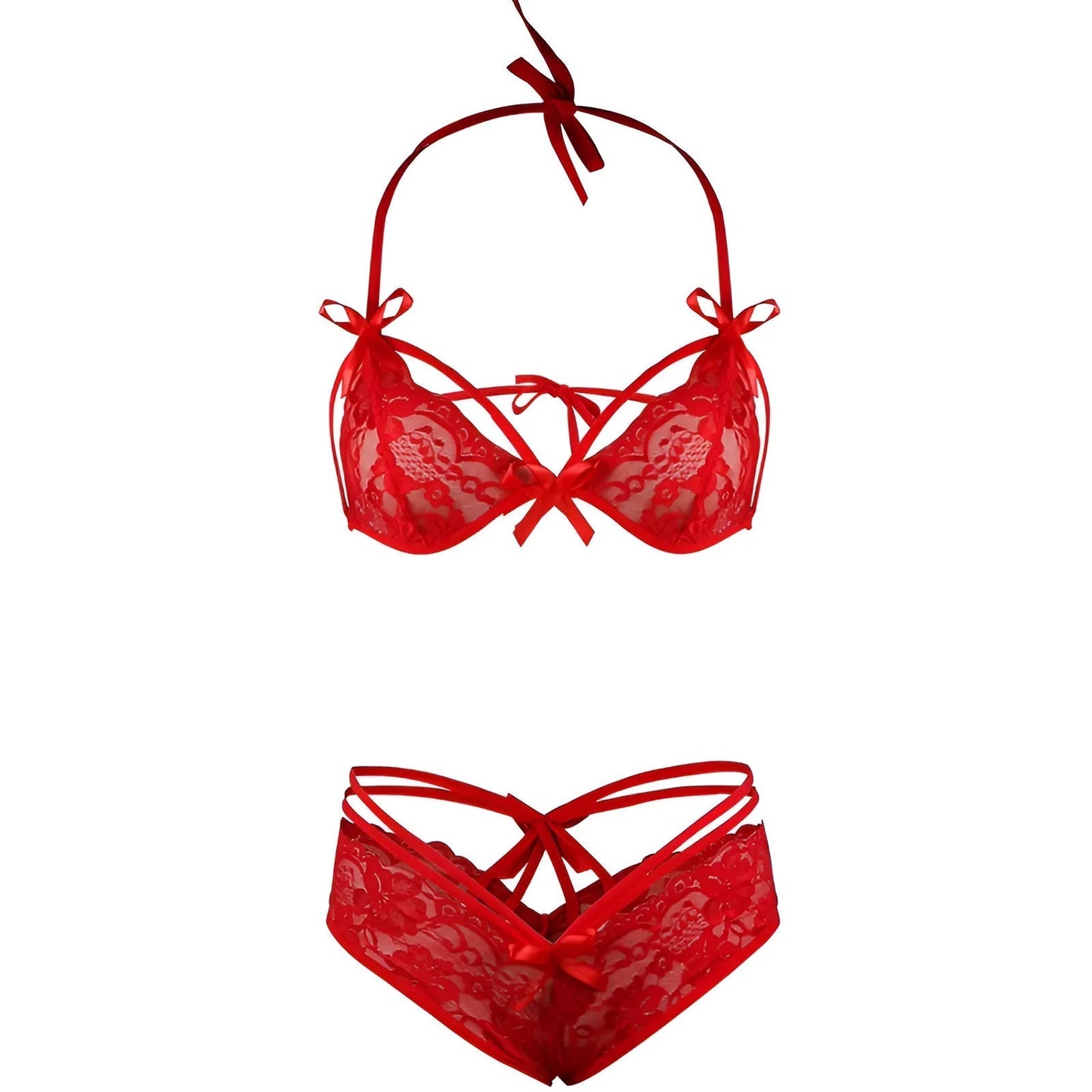 Rouge Ensemble de lingerie en dentelle avec nœuds et bretelles