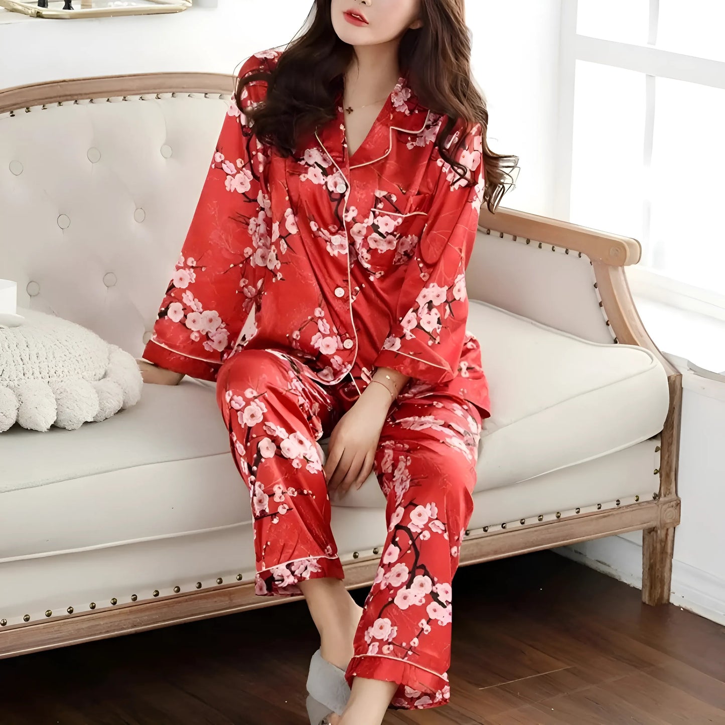 Rouge Ensemble de pyjama deux pièces en satin floral