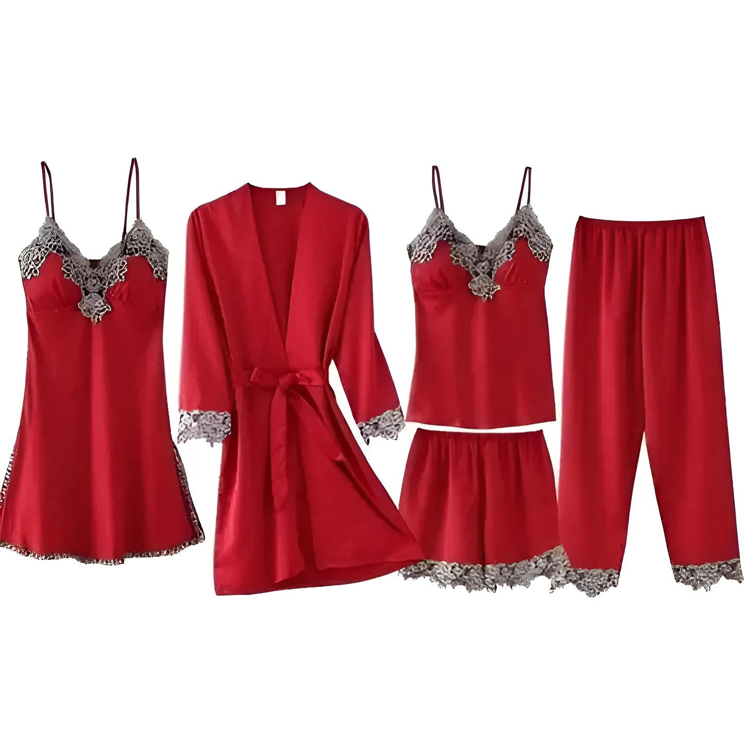 Rouge Ensemble de sommeil cinq pièces avec dentelle décorative