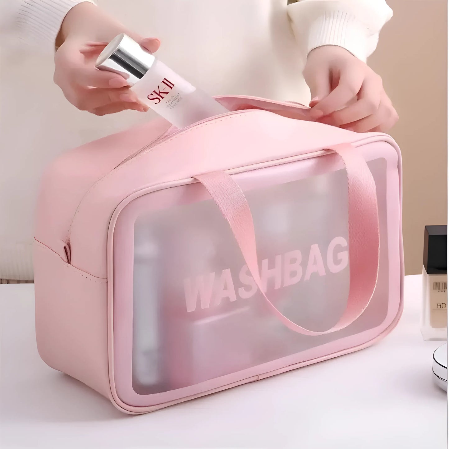 Sac cosmétique transparent imperméable avec poignée