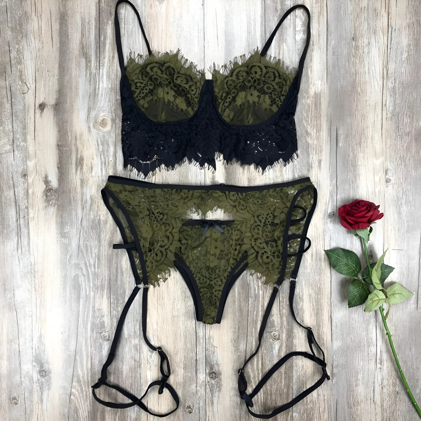 Vert Ensemble de lingerie en dentelle 3 pièces avec sangles cuisse