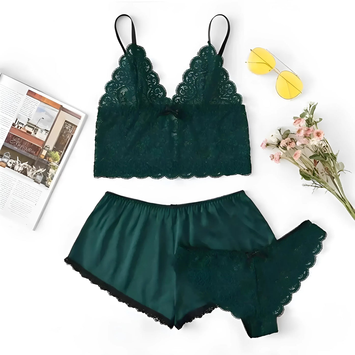 Vert Ensemble de pyjama en dentelle pour femmes