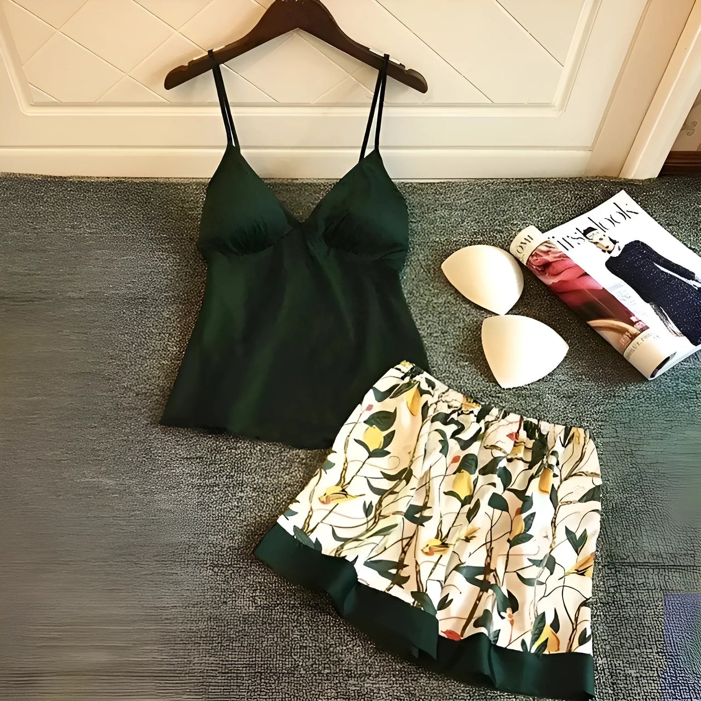 Vert Ensemble de pyjama en satin avec shorts colorés