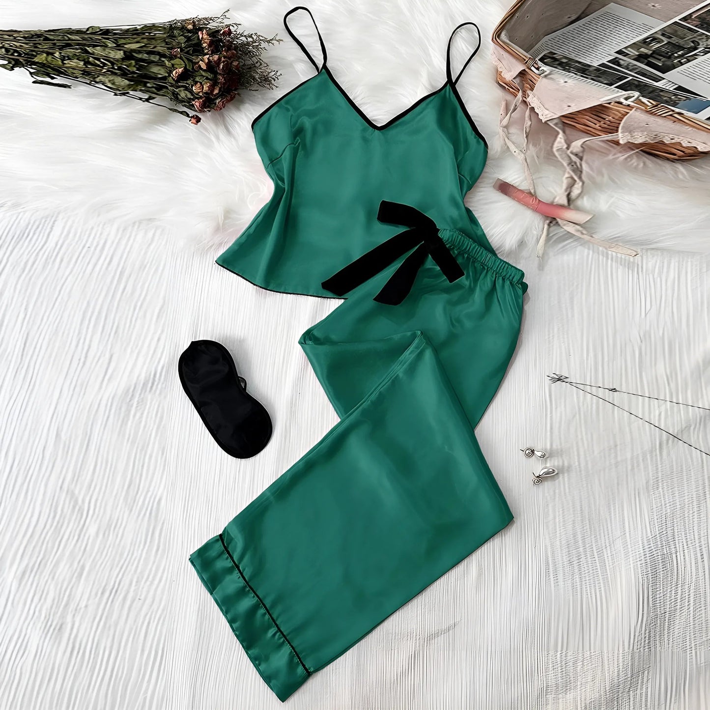 Vert Ensemble de pyjama en soie pour femmes