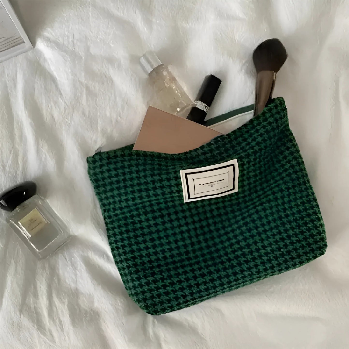 Vert foncé Trousse de maquillage en tissu pied-de-poule
