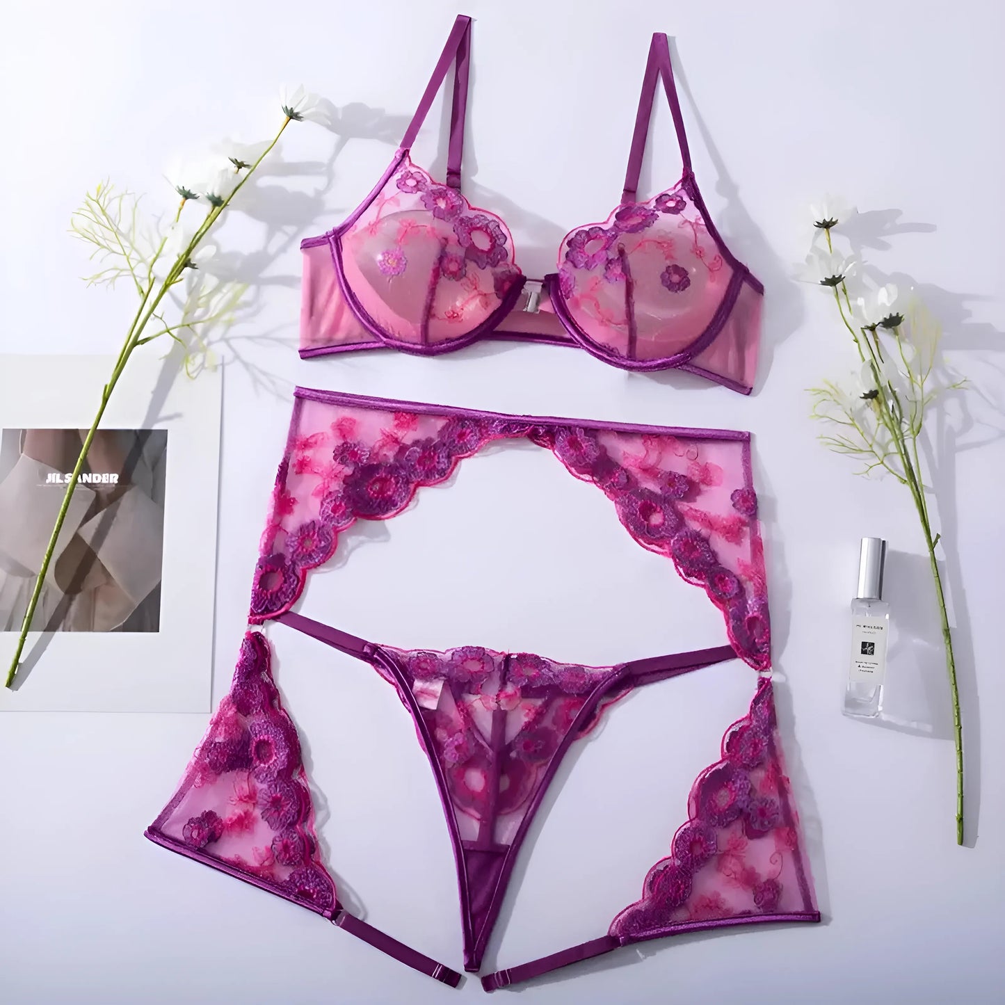 Violet Ensemble de lingerie 3 pièces avec dentelle florale