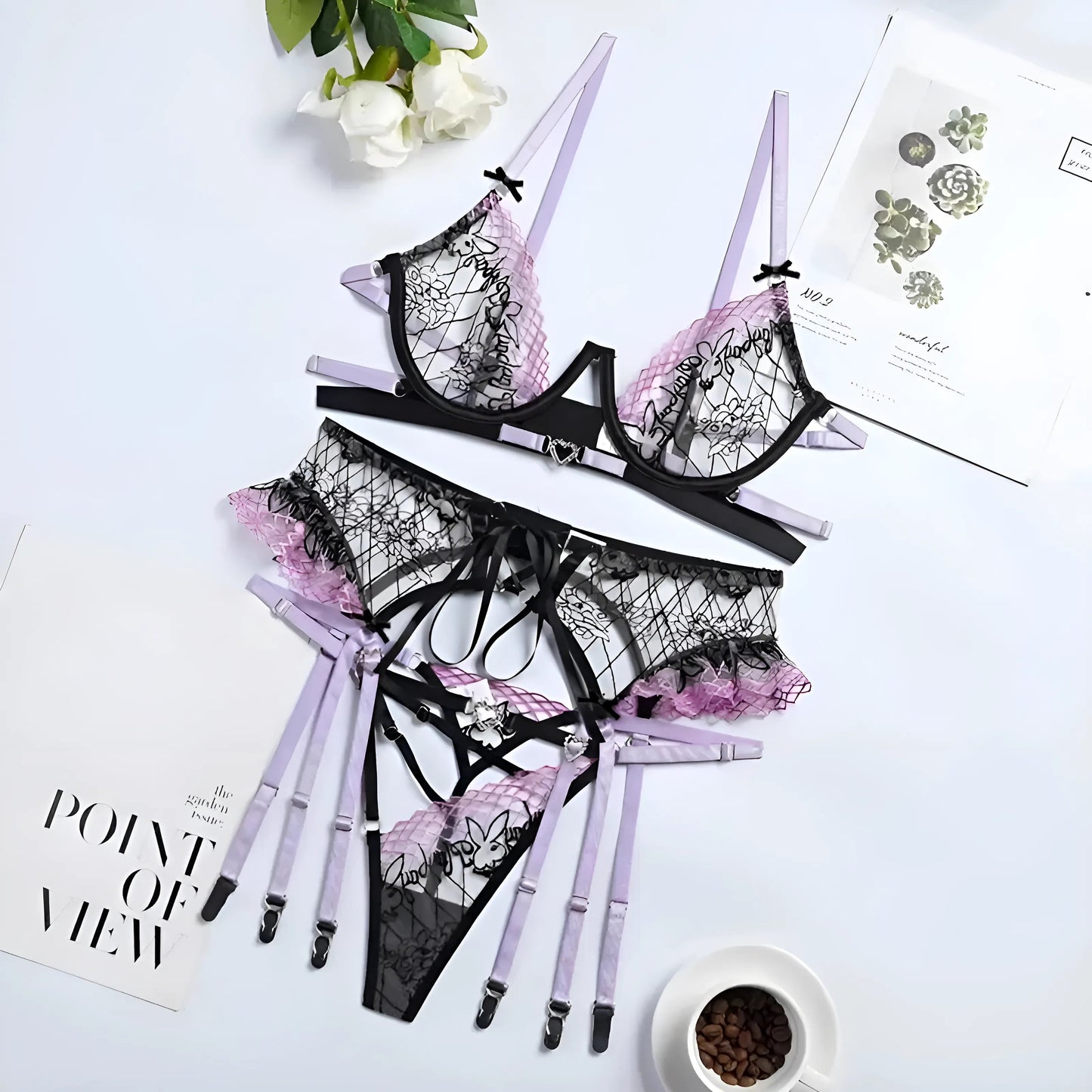 Violet Ensemble de lingerie en dentelle 3 pièces