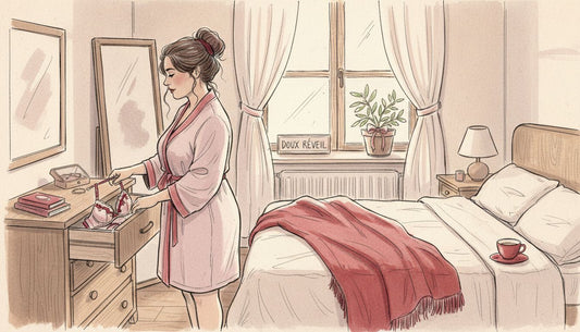 Une femme ronde prend le temps de choisir sa lingerie dans sa chambre.