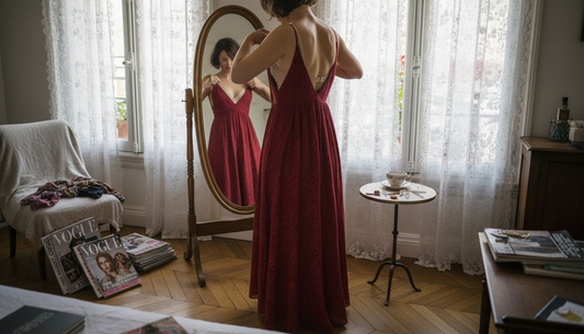 Une femme ajuste sa robe au décolleté élégant devant son miroir.