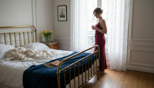 Une femme raffinée en nuisette, debout près de la fenêtre.