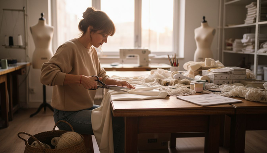 Une créatrice imagine une nouvelle collection de lingerie, installée à sa table de travail entourée de tissus et d’esquisses.