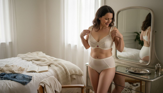 Dans sa chambre, une femme ajuste délicatement sa lingerie conçue pour offrir un maintien parfait.