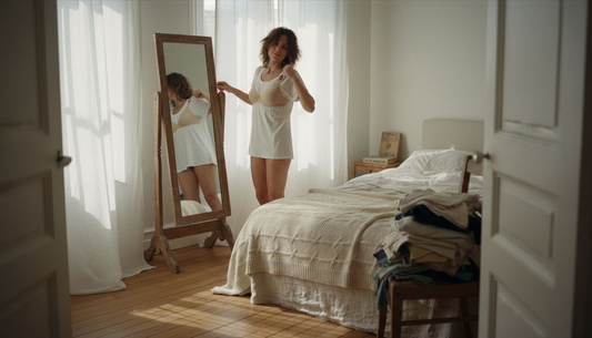 Essayage de lingerie dans une chambre parisienne baignée de lumière naturelle.