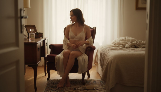 Dans l’intimité d’une chambre, une femme porte de la lingerie en dentelle raffinée, incarnant l’élégance et la féminité.