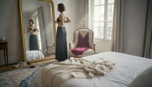Une femme découvre différents modèles de lingerie raffinée pour trouver celui qui lui correspond le mieux.