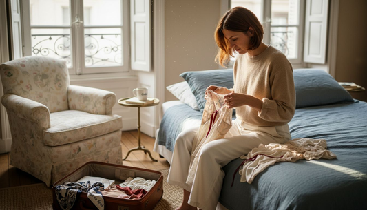 Une femme range soigneusement ses sous-vêtements en coton dans sa chambre.