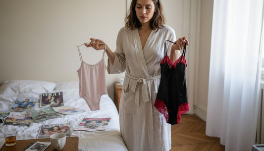 Une femme qui hésite entre s’offrir de la lingerie haut de gamme ou craquer pour des modèles plus accessibles