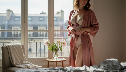 Dans une chambre parisienne, une femme ajuste délicatement son body en dentelle devant le miroir.