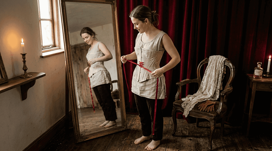 Dans une pièce baignée par la lueur des bougies, une femme resserre délicatement son corset, entourée d'une atmosphère à la fois intime et mystérieuse.