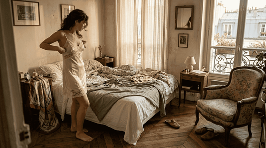 Une femme ajuste délicatement sa nuisette devant le miroir d'une chambre raffinée.