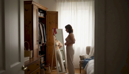 Une femme réajuste son soutien-gorge devant la fenêtre dans une chambre baignée de lumière.