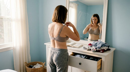 Une femme ajuste son soutien-gorge minimiseur devant son miroir, attentive à son confort et à sa silhouette.
