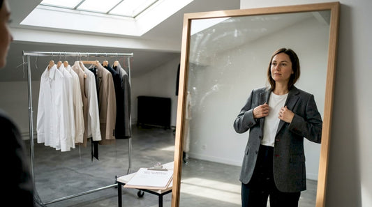 Une femme se tient devant son miroir, essayant de la lingerie discrète pour voir l’effet sur sa silhouette.