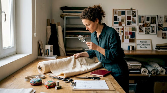 Dans son atelier, une créatrice observe attentivement un tissu de soie, évaluant sa texture et sa fluidité.