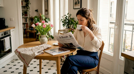 Assise à la table de la cuisine, une femme ajuste délicatement sa lingerie invisible, profitant d’un moment de tranquillité.