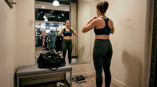 Une femme ajuste sa brassière de sport devant le miroir d’une cabine d’essayage.