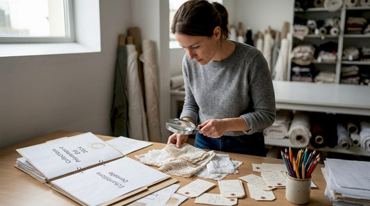 Une spécialiste du textile examine minutieusement des tissus destinés à la confection de lingerie, s’assurant de leur qualité et de leur douceur au toucher.