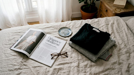 Un body en résille délicatement posé sur le tissu, dans l'intimité d'une chambre.